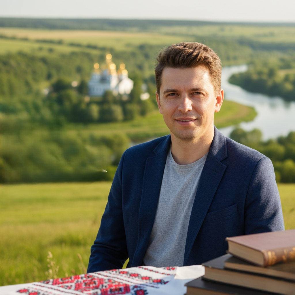 Чоловік у темно-синьому піджаку та сірій футболці посміхається