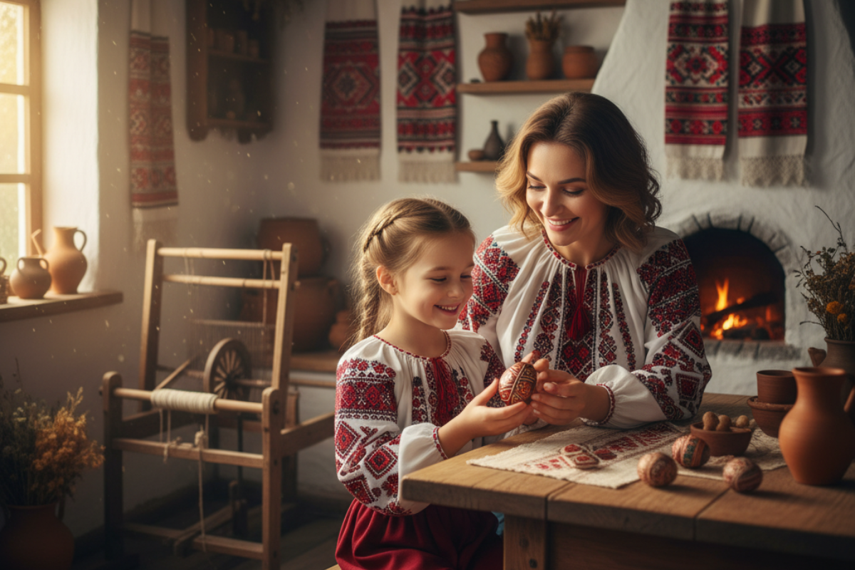 Мати та донька в українських вишиванках розглядають писанки