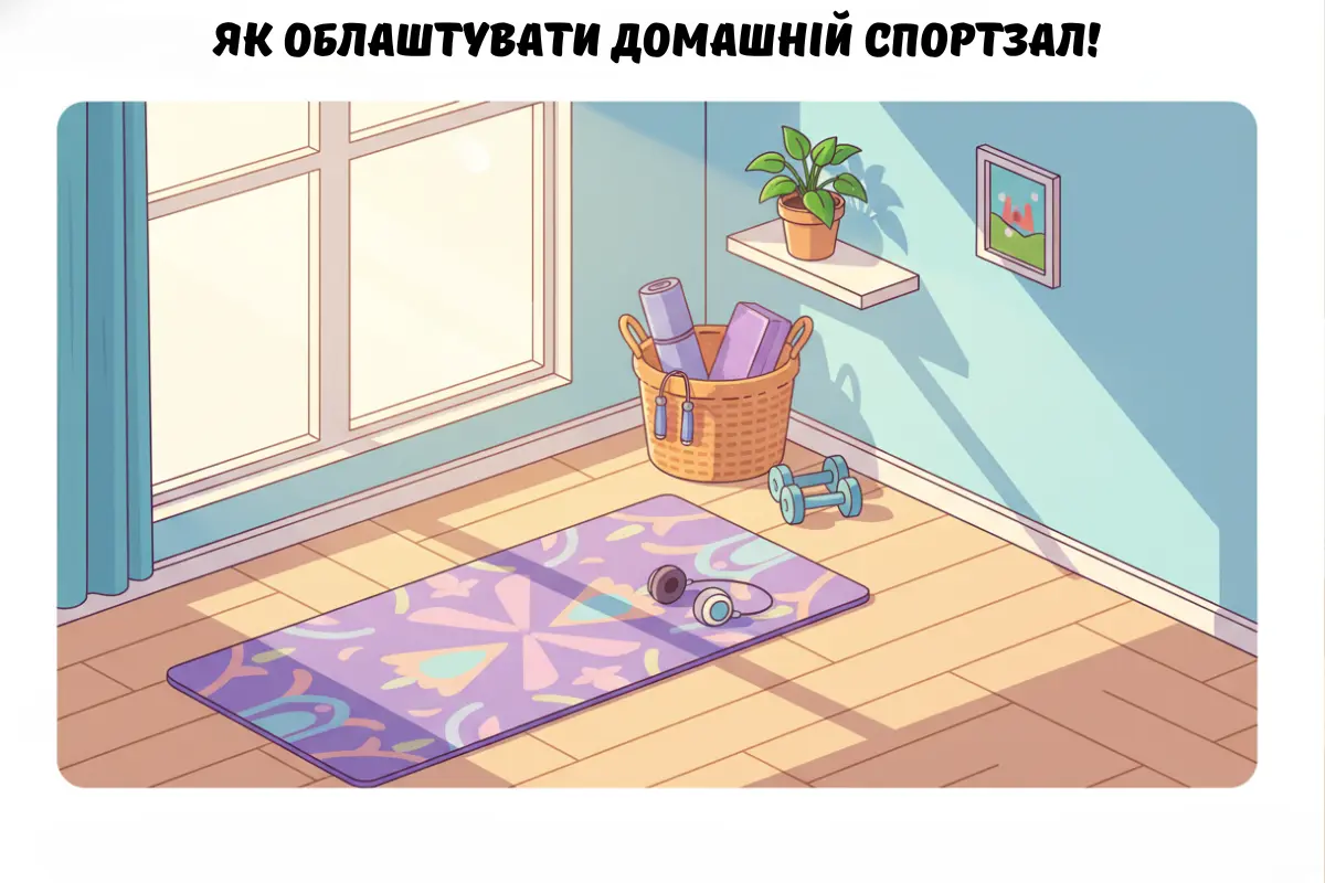 Домашній спортзал із кариматом, гантелями, роликом і коробкою з інвентарем біля вікна