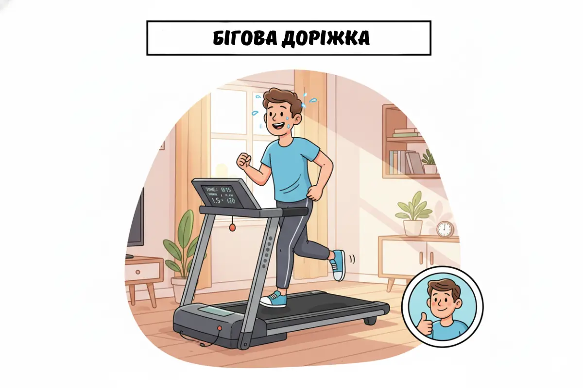 Хлопець біжить на біговій доріжці в кімнаті