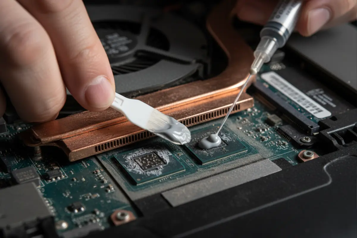 Процес заміни термопасти в ноутбуці: шприц і лопатка, вид на відкриту материнську плату