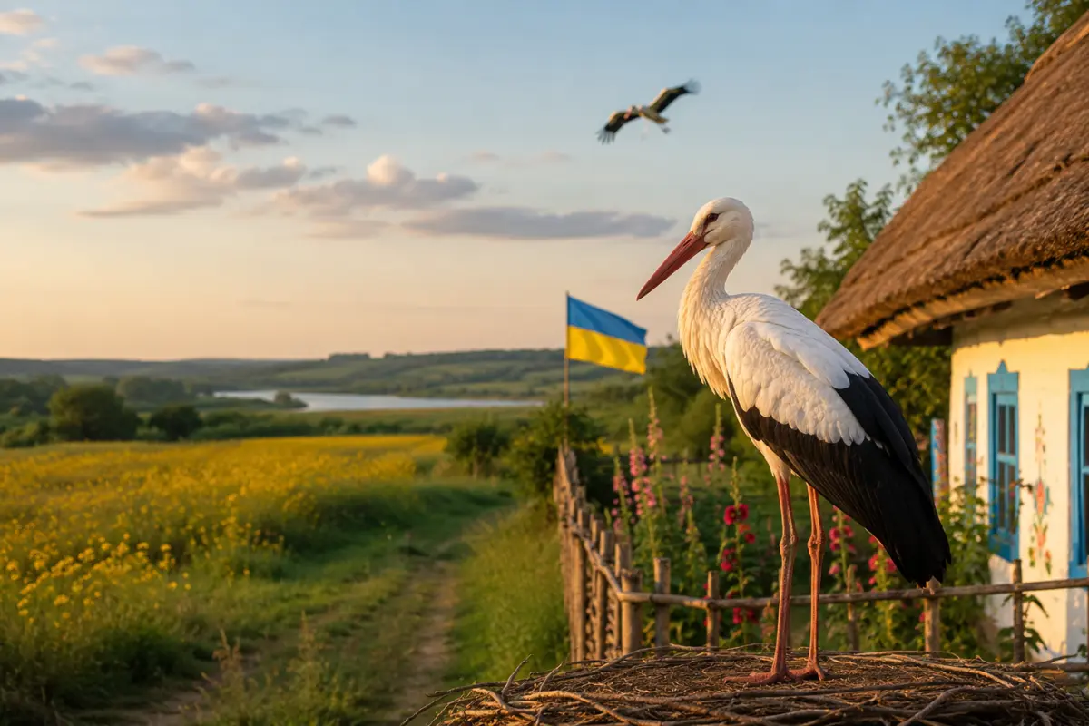 Лелека стоїть на гнізді біля сільської хати