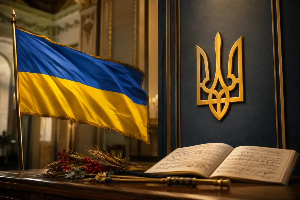 Український прапор і золотий тризуб поруч із розгорнутою книгою