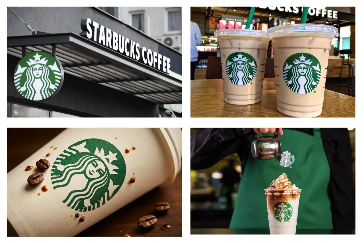 Колаж із вивіскою, стаканчиками, логотипом і напоєм Starbucks