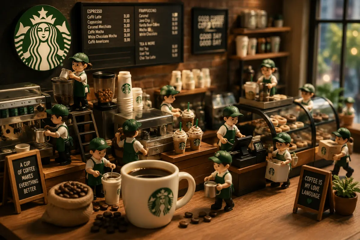 Мініатюрні працівники в інтер'єрі кав'ярні Starbucks із великою чашкою кави