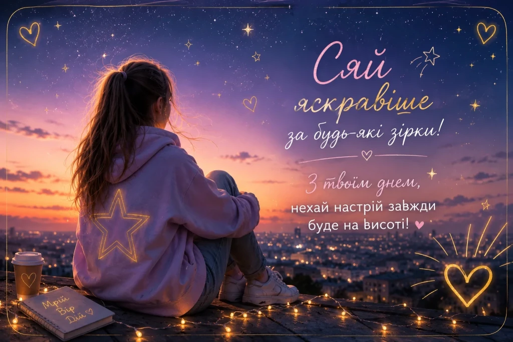 Яскрава вітальна листівка для дівчинки з коротким побажанням