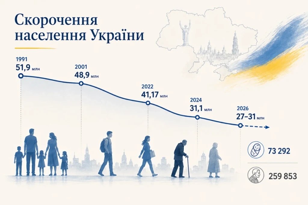 Графік показує скорочення населення України від 1991 до 2026 року
