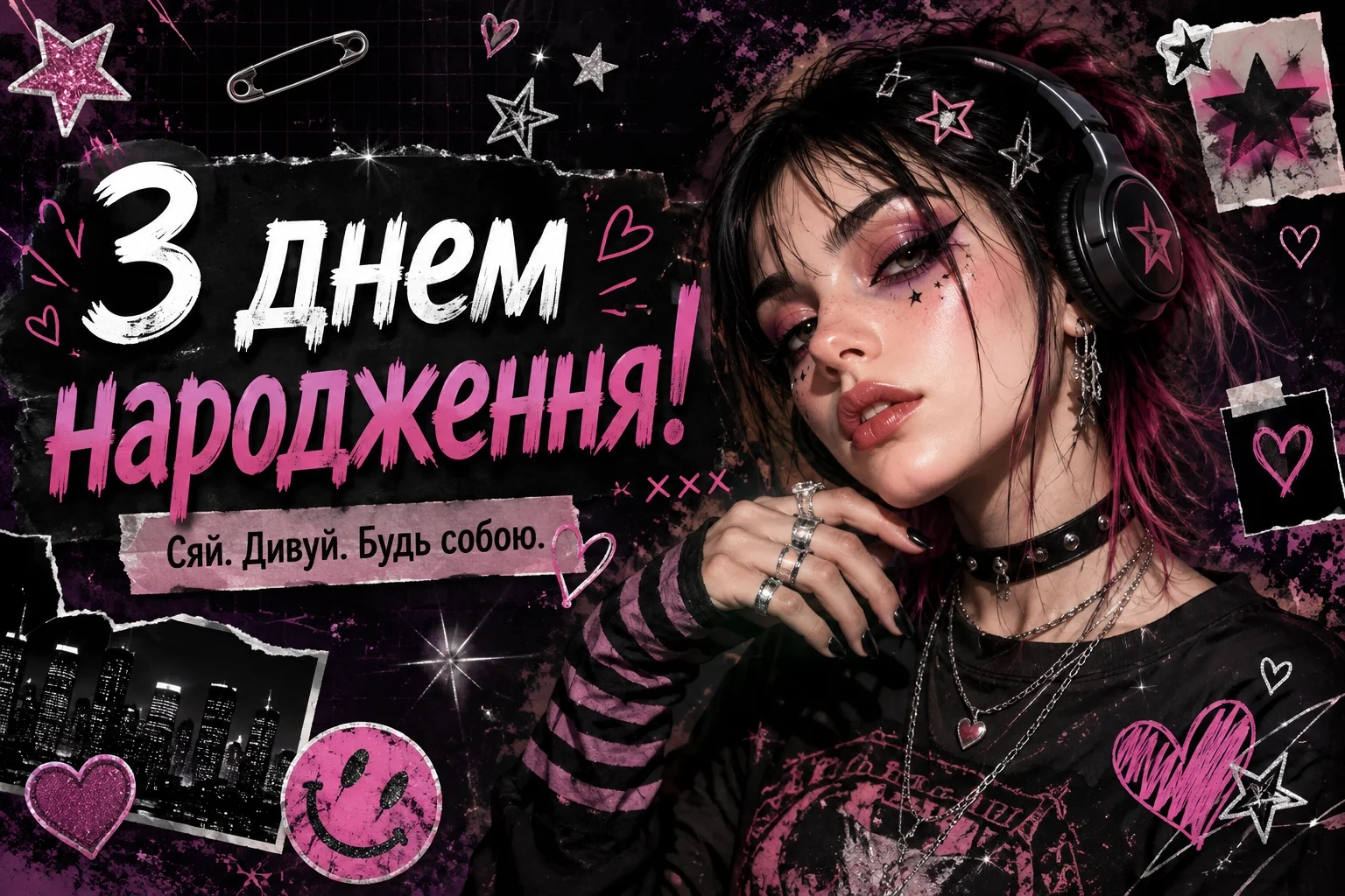 Альт-дівчина в навушниках на чорно-рожевому колажному фоні