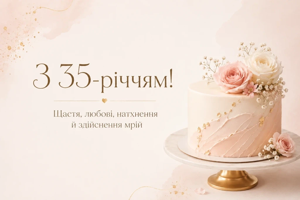 Листівка у пастельних тонах із тортом до 35-річчя